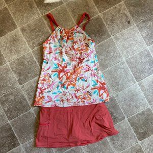 Floral orange/white swimsuit set-- tankini and swim skirt size 8